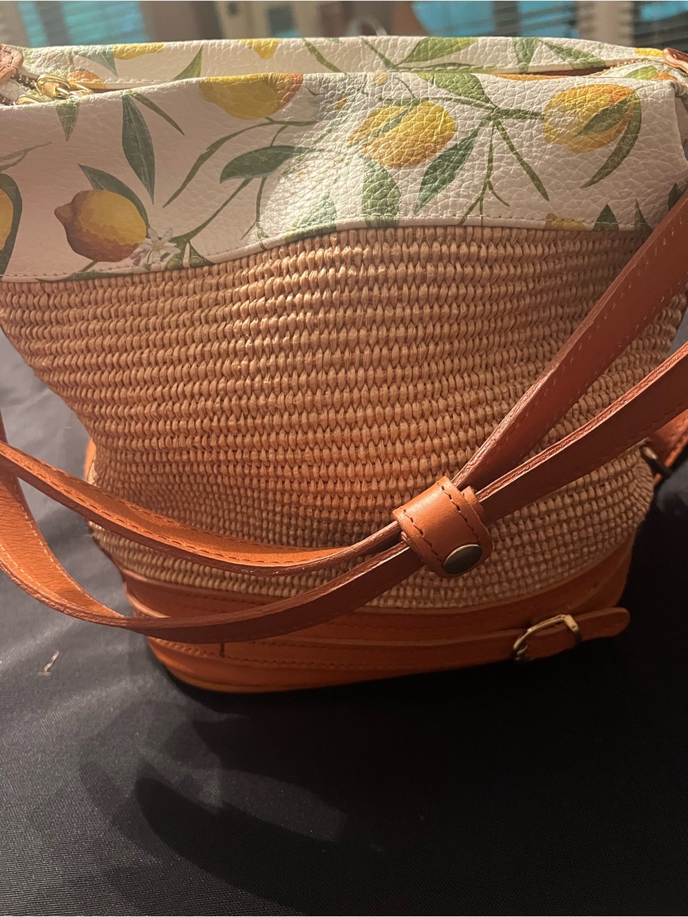 Valentina Leather aStraw Bucket Shoulder Bag with Lemon Print Trim - Tan & Yello